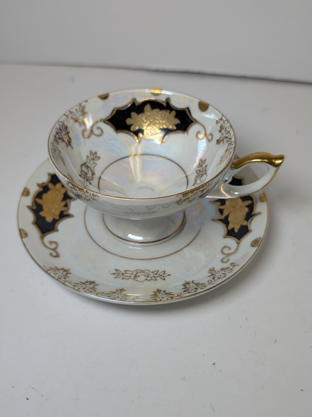 Vintage Lefton China Footed Teacup & Saucer Set, Black & Gold Lusterware